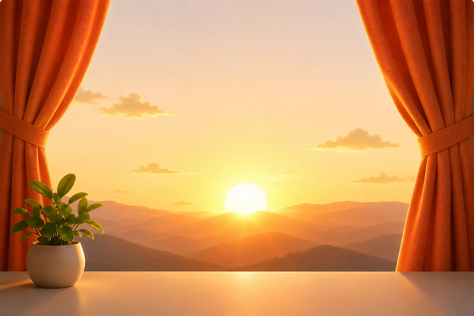 Sunrise through window curtains