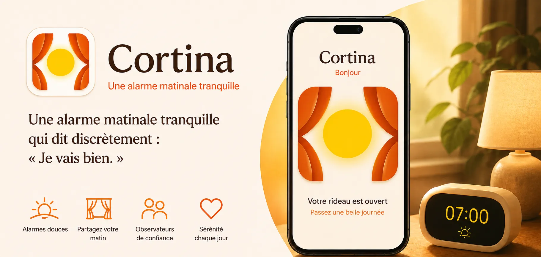 Application de pointage matinal Cortina montrant le rideau digital