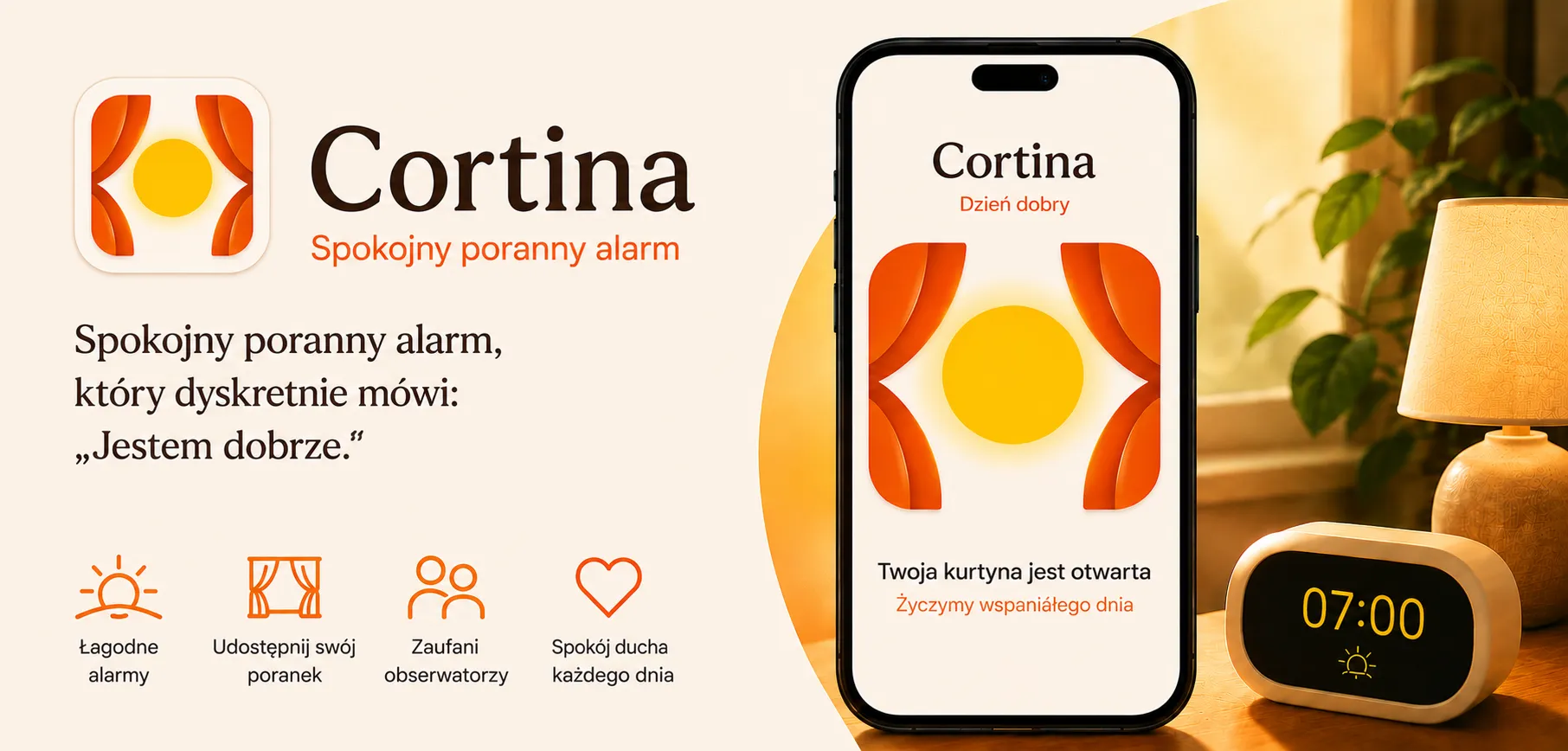 Aplikacja do porannego meldowania Cortina pokazująca otwartą cyfrową zasłonę