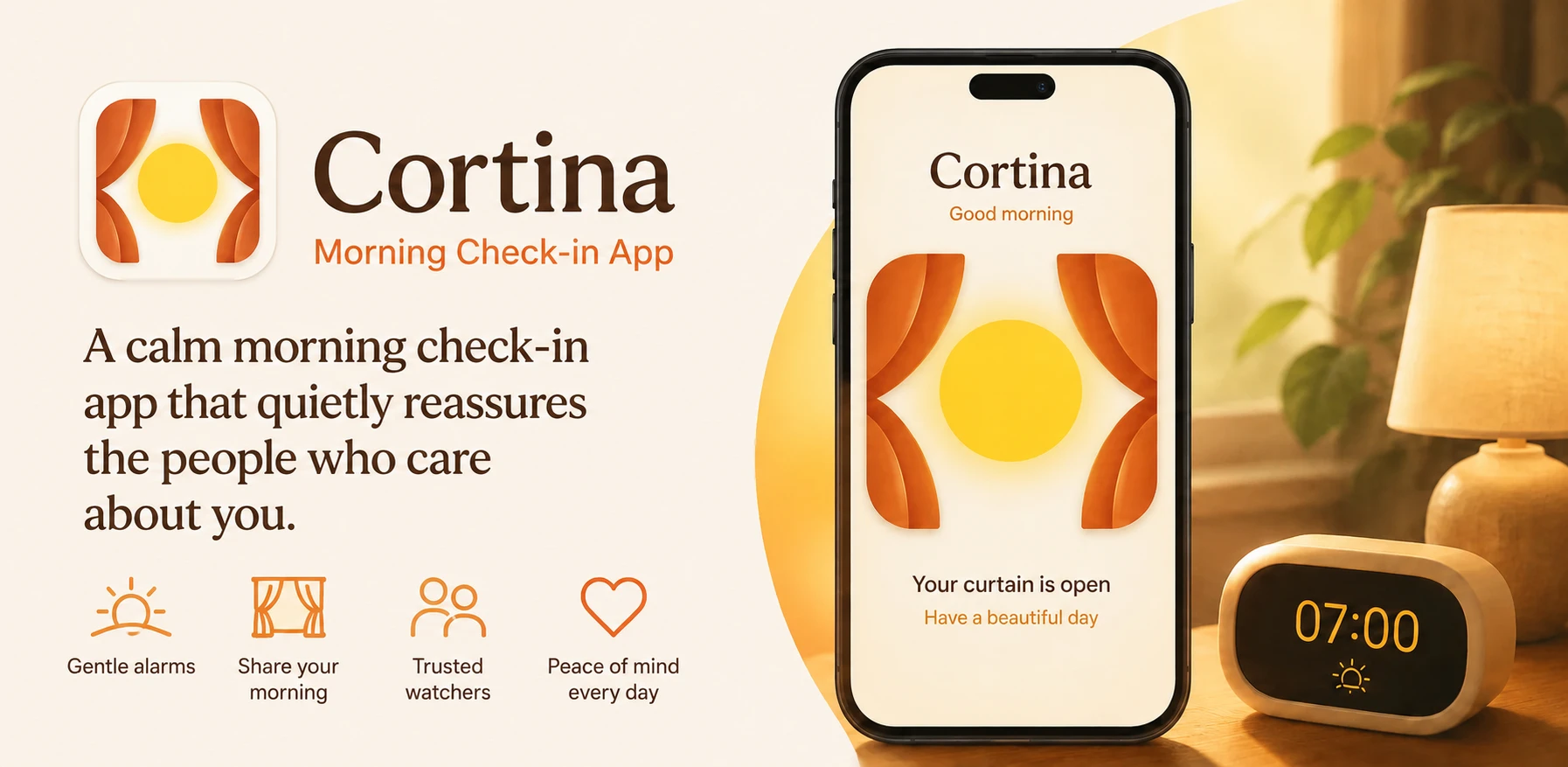 Cortina morning check-in app showing digital curtain