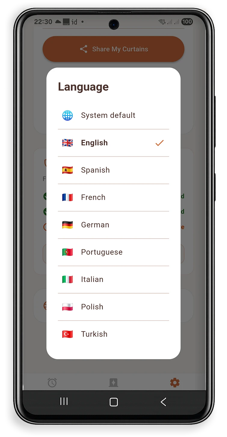 Cortina daily check-in app language selection screen