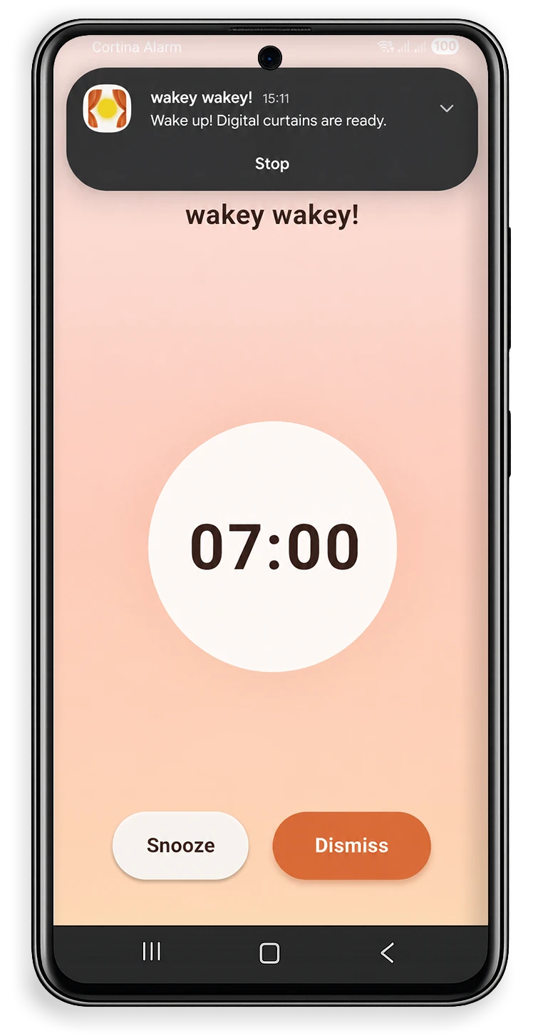 Cortina morning check-in alarm screen